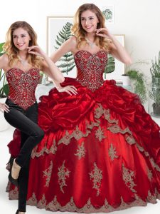 Free and Easy Organza Sweetheart Sleeveless Lace Up Beading and Appliques and Pick Ups Quince Ball Gowns in Wine Red