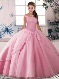 Spectacular Off The Shoulder Sleeveless Tulle Quince Ball Gowns Beading Brush Train Lace Up