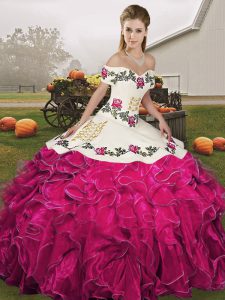 High Quality Off The Shoulder Sleeveless Organza 15th Birthday Dress Embroidery and Ruffles Lace Up