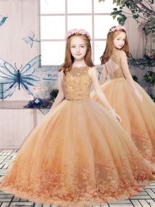 Scoop Sleeveless Little Girl Pageant Gowns Floor Length Lace and Appliques Gold Tulle