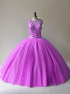 Pretty Lilac Ball Gowns Scoop Sleeveless Tulle Floor Length Lace Up Beading Vestidos de Quinceanera