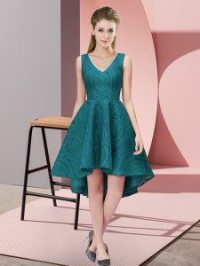 Simple Teal Sleeveless High Low Lace Zipper Dama Dress for Quinceanera
