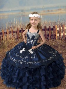 Straps Sleeveless Lace Up Little Girls Pageant Dress Navy Blue Organza