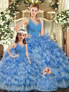 Cheap Blue Ball Gowns Ruffled Layers and Ruching Sweet 16 Dress Backless Organza Sleeveless Floor Length