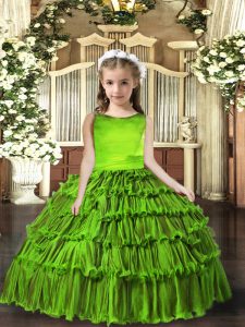 Floor Length Lace Up Little Girls Pageant Dress Olive Green for Party and Sweet 16 and Wedding Party with Ruffled Layers