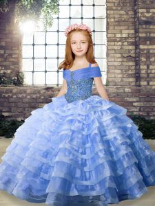 Blue Lace Up Straps Beading and Ruffled Layers Girls Pageant Dresses Organza Sleeveless Brush Train