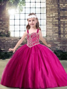 Custom Fit Fuchsia Lace Up Little Girls Pageant Dress Beading Sleeveless Floor Length