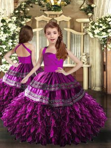Purple Organza Lace Up Custom Made Pageant Dress Sleeveless Floor Length Appliques and Ruffles