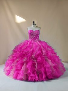 Decent Fuchsia Ball Gowns Sweetheart Sleeveless Organza Floor Length Lace Up Beading and Ruffles Quinceanera Gowns