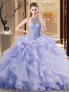Lavender Ball Gown Prom Dress Sweet 16 and Quinceanera with Ruffles Halter Top Sleeveless Brush Train Lace Up