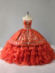 Glamorous Embroidery and Ruffles 15th Birthday Dress Orange Red Lace Up Sleeveless Floor Length