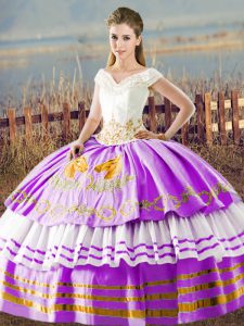 Lovely V-neck Sleeveless Sweet 16 Dress Floor Length Embroidery and Ruffled Layers Lilac Organza