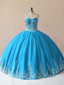 Modern Baby Blue Ball Gowns Embroidery Quinceanera Dresses Lace Up Tulle Sleeveless Floor Length
