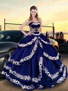 Customized Embroidery and Ruffled Layers Quinceanera Gown Royal Blue Lace Up Sleeveless Floor Length