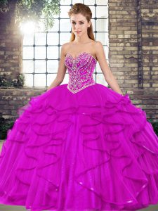 Fine Floor Length Lace Up Ball Gown Prom Dress Fuchsia for Military Ball and Sweet 16 and Quinceanera with Beading and Ruffles