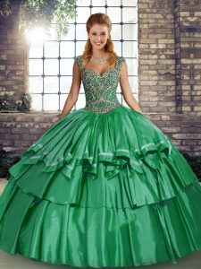 Floor Length Green Quinceanera Dress Taffeta Sleeveless Beading and Ruffled Layers