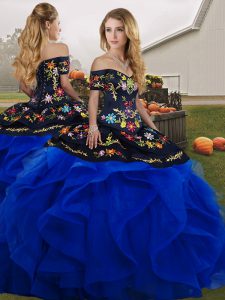 Blue And Black Ball Gowns Off The Shoulder Sleeveless Tulle Floor Length Lace Up Embroidery and Ruffles Quinceanera Dresses