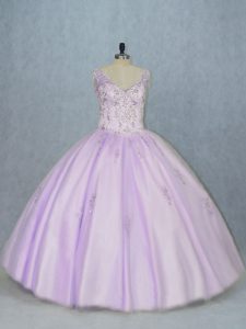 Fashionable Lavender Sleeveless Beading Floor Length Quinceanera Gown