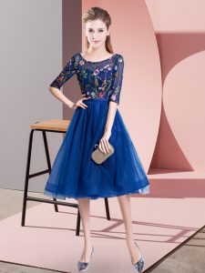 Royal Blue Empire Tulle Scoop Half Sleeves Embroidery Knee Length Lace Up Quinceanera Court Dresses