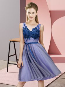 Luxury Lavender Empire Appliques Quinceanera Court of Honor Dress Lace Up Tulle Sleeveless Knee Length