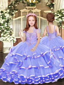 Custom Made Straps Sleeveless Girls Pageant Dresses Floor Length Beading and Ruffled Layers Lavender Tulle