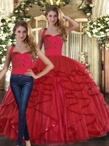Colorful Straps Sleeveless Quinceanera Gown Floor Length Ruffles Red Tulle