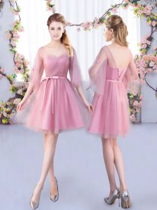Beauteous Pink Lace Up Damas Dress Appliques and Belt Half Sleeves Mini Length