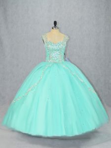 Fine Apple Green Cap Sleeves Tulle Brush Train Lace Up Quinceanera Gown for Sweet 16 and Quinceanera
