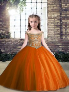 Rust Red Pageant Gowns For Girls Party and Military Ball and Wedding Party with Appliques Off The Shoulder Sleeveless Lace Up