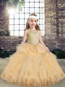 Champagne Lace Up Little Girls Pageant Gowns Appliques Sleeveless Floor Length