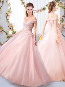 Simple Pink Off The Shoulder Lace Up Appliques and Belt Quinceanera Court of Honor Dress Sleeveless