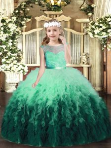 Sleeveless Tulle Floor Length Backless Little Girls Pageant Dress in Multi-color with Lace and Ruffles