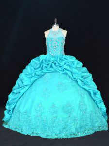 Sleeveless Floor Length Beading and Appliques and Embroidery and Pick Ups Lace Up 15 Quinceanera Dress with Aqua Blue