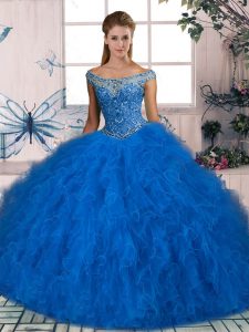 Fantastic Off The Shoulder Sleeveless Lace Up Sweet 16 Dress Blue Tulle