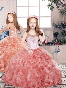 Top Selling Red Ball Gowns Organza Scoop Sleeveless Beading and Ruffles Floor Length Zipper Little Girl Pageant Dress