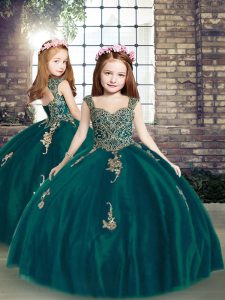 On Sale Straps Sleeveless Little Girls Pageant Gowns Floor Length Appliques Peacock Green Tulle