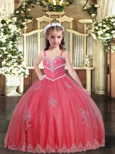 Floor Length Watermelon Red Pageant Dress Wholesale Tulle Sleeveless Beading and Appliques