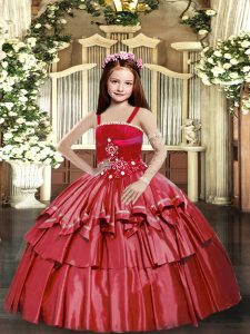 Sleeveless Taffeta Floor Length Lace Up Pageant Dresses in Red with Beading and Ruffled Layers