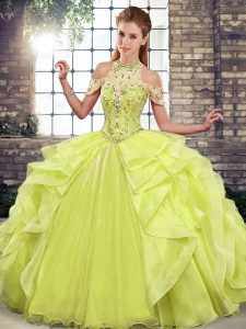 Yellow Green Ball Gowns Organza Halter Top Sleeveless Beading and Ruffles Floor Length Lace Up Quince Ball Gowns