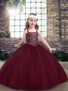 Floor Length Burgundy Child Pageant Dress Tulle Sleeveless Beading