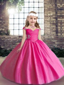 Ball Gowns Girls Pageant Dresses Hot Pink Straps Tulle Sleeveless Floor Length Lace Up