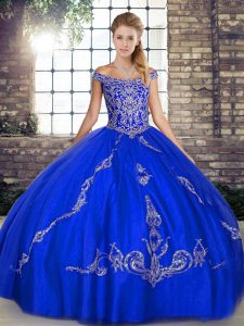 Most Popular Royal Blue Lace Up Off The Shoulder Beading and Embroidery Quinceanera Dress Tulle Sleeveless
