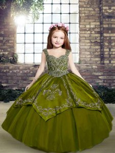 New Arrival Floor Length Lace Up Child Pageant Dress Olive Green for Party and Military Ball and Wedding Party with Beading and Embroidery