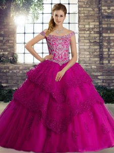 Fuchsia Ball Gowns Off The Shoulder Sleeveless Tulle Brush Train Lace Up Beading and Lace Ball Gown Prom Dress