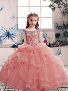 Tulle Sleeveless Floor Length Little Girls Pageant Dress Wholesale and Beading and Ruffles