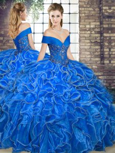 Enchanting Off The Shoulder Sleeveless Lace Up Quinceanera Gown Royal Blue Organza