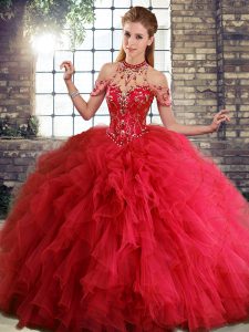 Attractive Red Halter Top Lace Up Beading and Ruffles Sweet 16 Dress Sleeveless