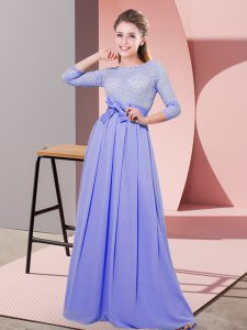 Spectacular Lavender Empire Chiffon Scoop 3 4 Length Sleeve Lace and Belt Floor Length Side Zipper Dama Dress for Quinceanera