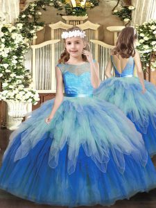 Sleeveless Tulle Floor Length Backless Kids Formal Wear in Multi-color with Lace and Ruffles
