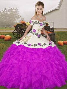Floor Length Purple Quince Ball Gowns Organza Sleeveless Embroidery and Ruffles